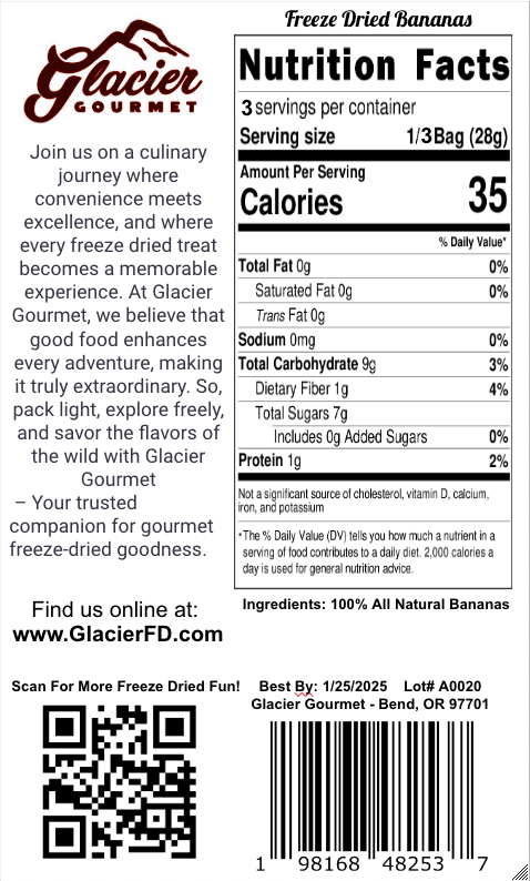 Freeze Dried Bananas, 3oz Bag - Glacier Gourmet