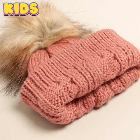 Mint Kid's Cable Knitted Faux Fur Pom Beanie Hat: Kids - One Size - Fashion City
