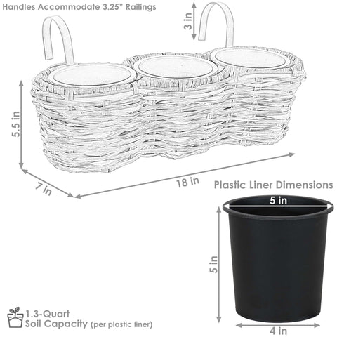 Round Polyrattan Over-the-Rail Tri-Planter, Frost - Sunnydaze Decor