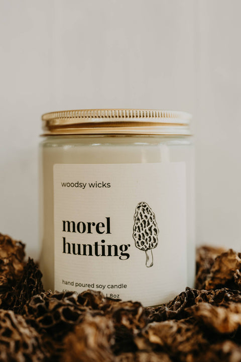 Morel Mushroom Hunting Candle, 8 oz, Soy Wax, Cotton Wick - Woodsy Wicks