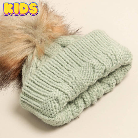 Mint Kid's Cable Knitted Faux Fur Pom Beanie Hat: Kids - One Size - Fashion City
