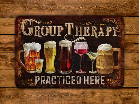 Group Therapy Practiced Here, 8x12in Vintage Style Metal Sign - Game Time Prints