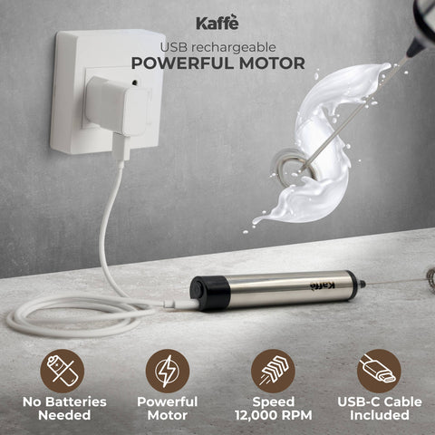 Handheld Milk Frother with Stand, USB Rechargeable, Stainless Steel - Kaffe