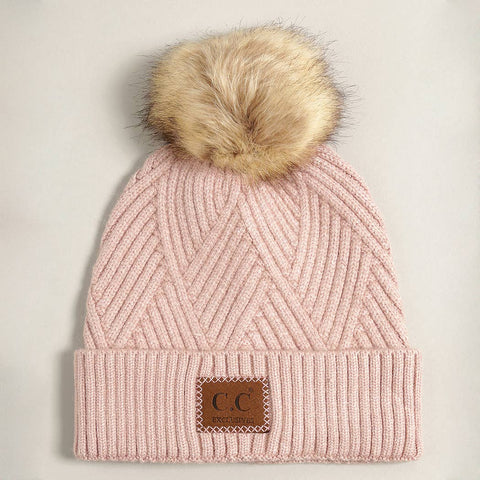 Warm Grey Heather Cuff Beanie with Pom-Pom - One Size - Fashion City