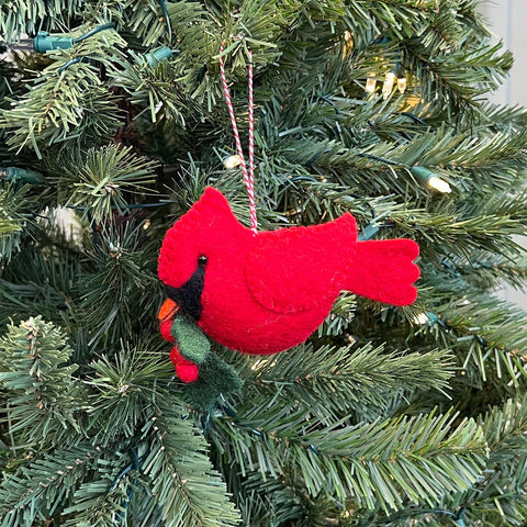 Cardinal with Holly Felt Wool Christmas Ornament - Ornaments 4 Orphans
