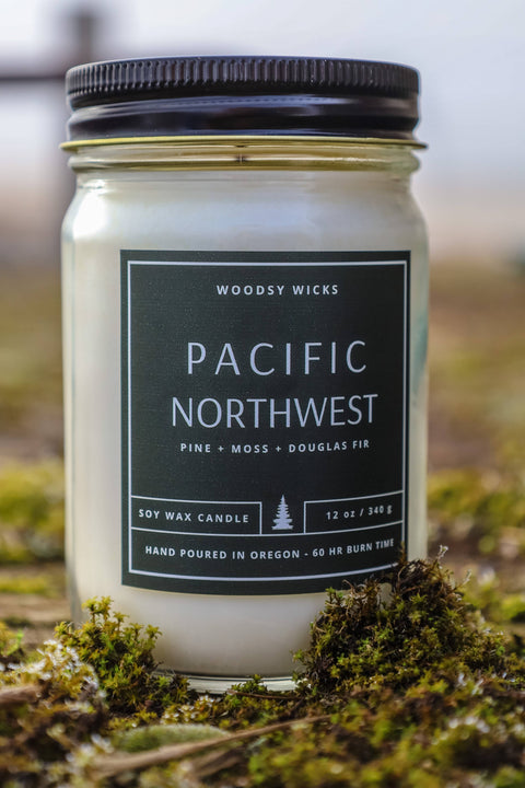 Pacific Northwest, 12 oz Soy Wax Candle, Cotton Wick - Woodsy Wicks