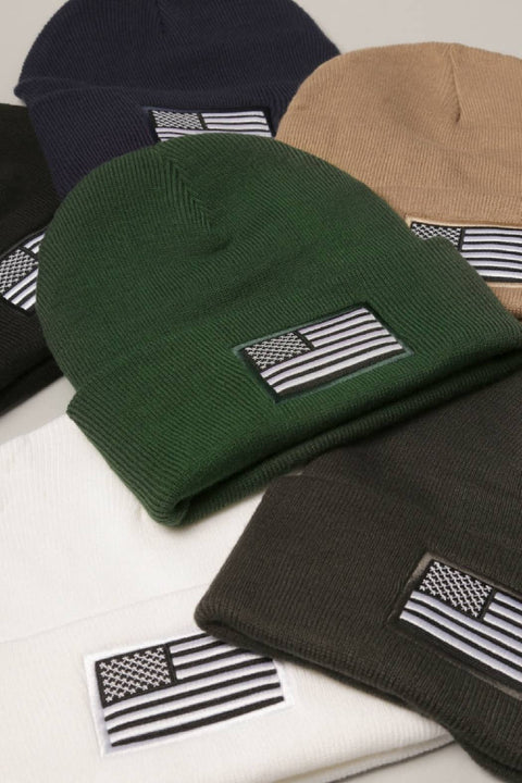 Dark Green USA Flag Embroidery Patch Foldable Cuff Beanie Hat: One Size - Fashion City