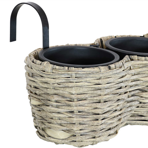 Round Polyrattan Over-the-Rail Tri-Planter, Frost - Sunnydaze Decor