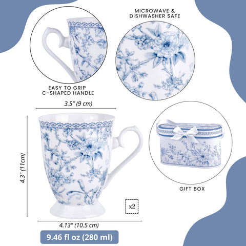 Blue Flowers China Tea/Coffee Mug, Set of 2, in Gift Box