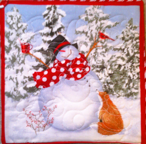 Snowman Christmas Winter Potholder: Snow Family - Red Mitten