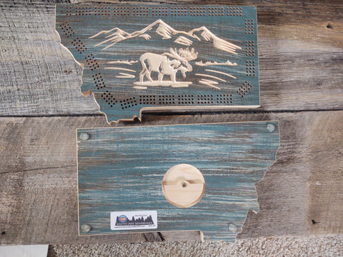 Cribbage Board: Montana Shaped with Moose - Knotty Pine Woodworks