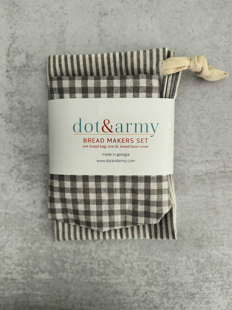 Silver Stripe and Check Bread Makers Set, Bread Bag & Bowl Cover - Dot and Army