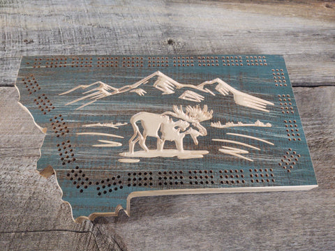Cribbage Board: Montana Shaped with Moose - Knotty Pine Woodworks