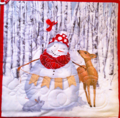 Snowman Christmas Winter Potholder: Snowman with 2 Bunnies - Red Mitten