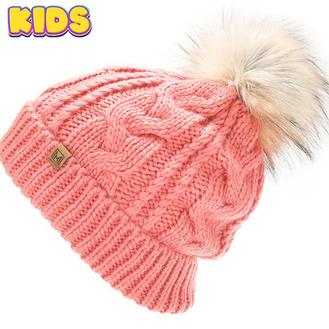 Mint Kid's Cable Knitted Faux Fur Pom Beanie Hat: Kids - One Size - Fashion City