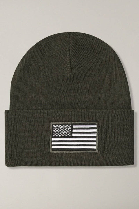 Black USA Flag Embroidery Patch Foldable Cuff Beanie Hat: One Size - Fashion City