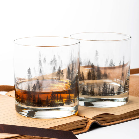 Forest and Clouds Whiskey Glasses, 11 oz, Single - Black Lantern