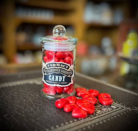 Cinnamon Heart Candy in Apothecary Jar - Montana Farmacy
