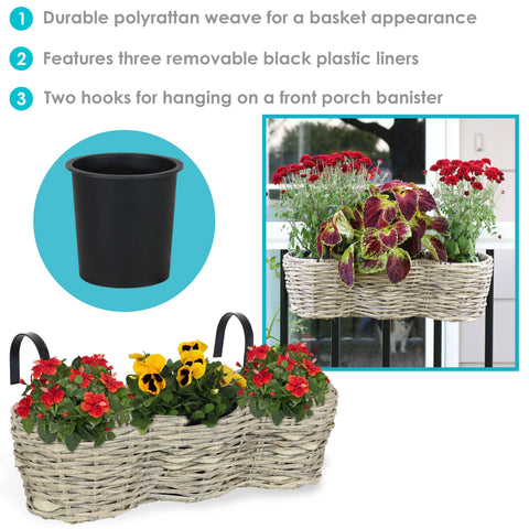 Round Polyrattan Over-the-Rail Tri-Planter, Frost - Sunnydaze Decor