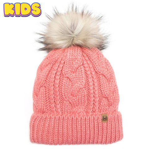 Mint Kid's Cable Knitted Faux Fur Pom Beanie Hat: Kids - One Size - Fashion City