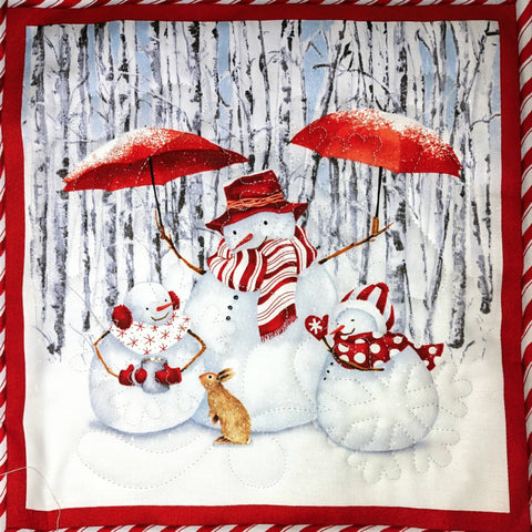 Snowman Christmas Winter Potholder: Snowman with 2 Bunnies - Red Mitten
