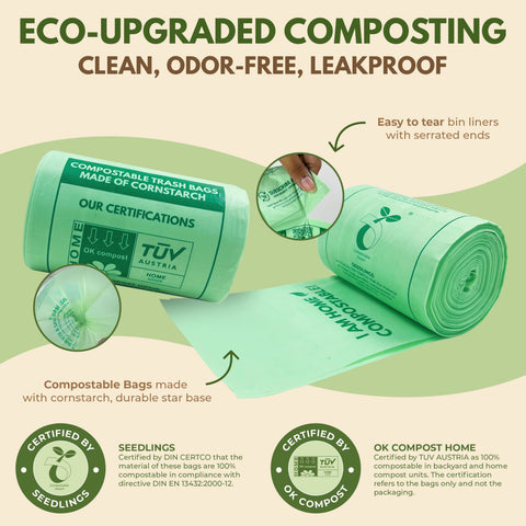 50 Compostable Trash Bags 1.6 Gal - Roll of 50 Compost Bin Bags - AIRNEX