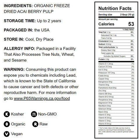 Organic Acai Berry Powder –Non-GMO, Kosher, Raw, Freeze-Dried: 0.25 Pound - Food To Live