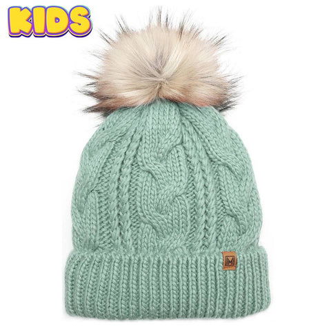 Mint Kid's Cable Knitted Faux Fur Pom Beanie Hat: Kids - One Size - Fashion City