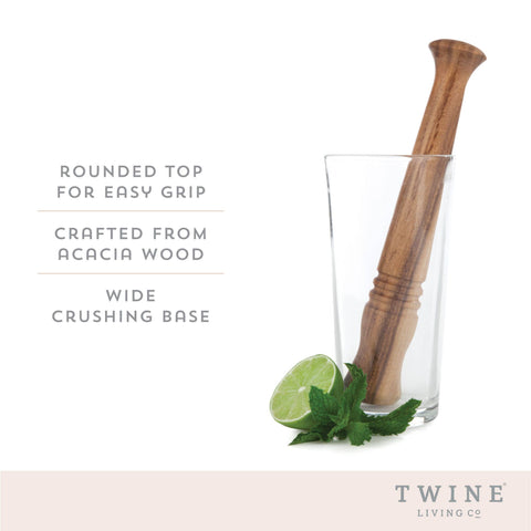 Acacia Rounded Top Muddler with Burlap Storage Bag - Twine