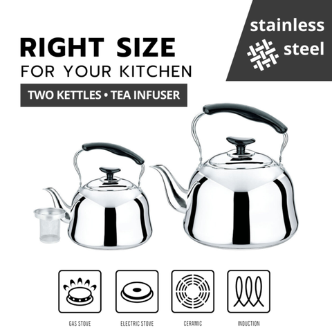 Stainless Steel Kettles with Infuser, Set of 2 - 33.8oz & 3.2qt