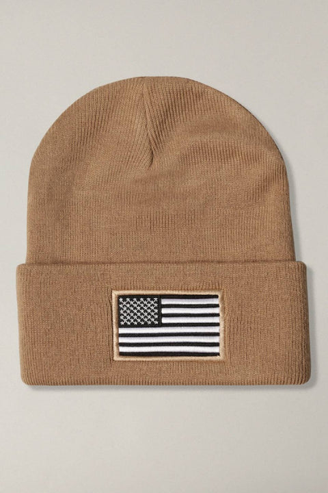 Black USA Flag Embroidery Patch Foldable Cuff Beanie Hat: One Size - Fashion City