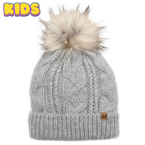 Mint Kid's Cable Knitted Faux Fur Pom Beanie Hat: Kids - One Size - Fashion City