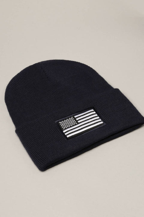 Black USA Flag Embroidery Patch Foldable Cuff Beanie Hat: One Size - Fashion City