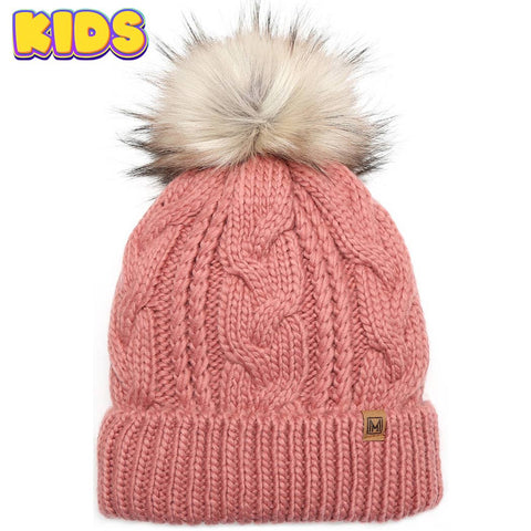 Mint Kid's Cable Knitted Faux Fur Pom Beanie Hat: Kids - One Size - Fashion City