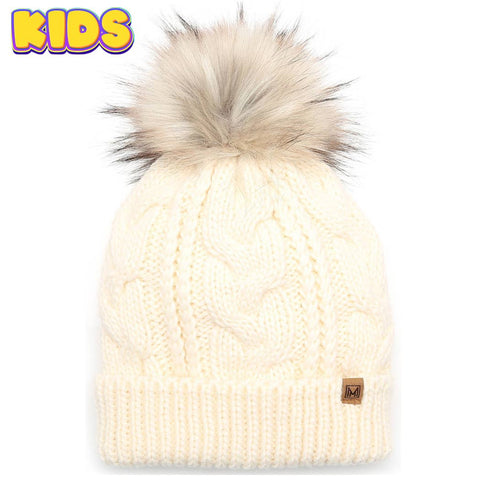 Mint Kid's Cable Knitted Faux Fur Pom Beanie Hat: Kids - One Size - Fashion City