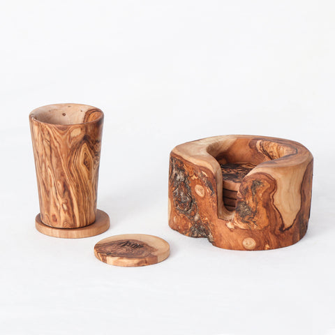 Olive Wood Coaster Set of 6 with Holder - ArtisRaw