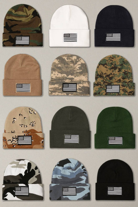 Black USA Flag Embroidery Patch Foldable Cuff Beanie Hat: One Size - Fashion City