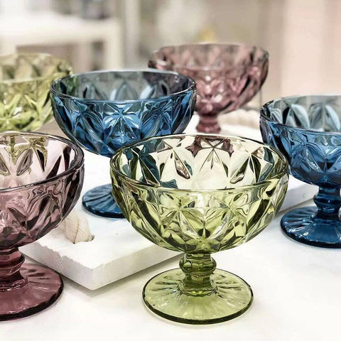 Vintage Embossed Glass Dessert Bowl, Set of 6, Mixed Color