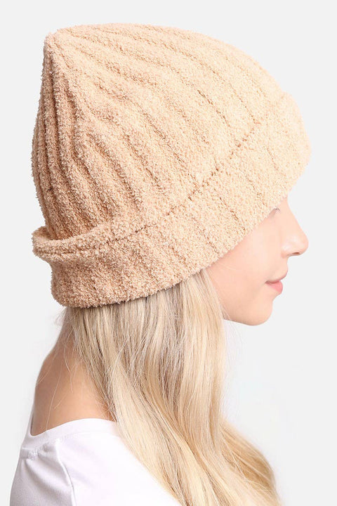 Camel Winter Solid Color Ribbed Cuff Beanie Hat: One Size - Fashion City