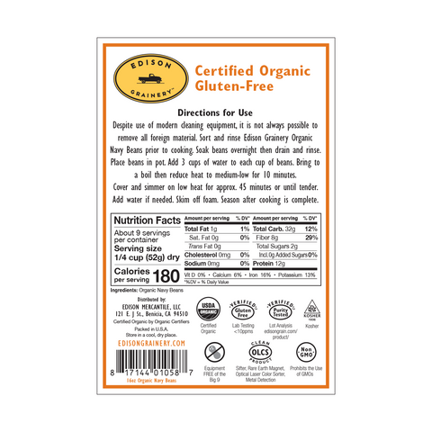 Organic Navy Beans, 16 oz - Edison Grainery