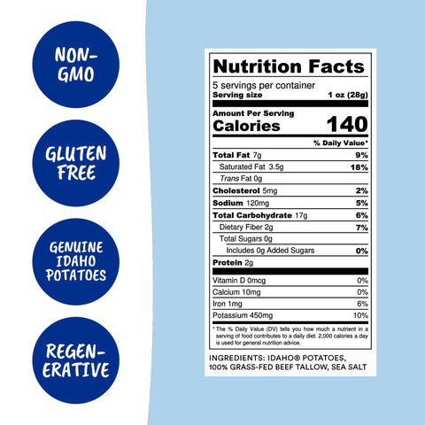 Tallow Sea Salt Kettle Cooked Potato Chips, 5 oz Bag - Roots Potato Chips