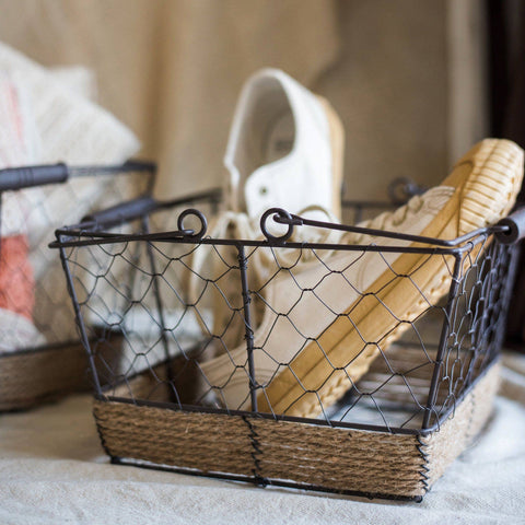 Wire Carry Basket With Hemp Rope Bottom Rectangular: Large - Rustic Reach