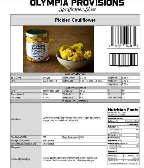 Pickled Cauliflower, 8.7 oz - Olympia Provisions
