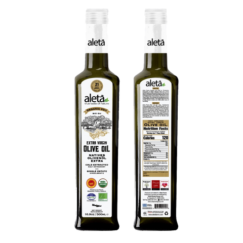 Greek Extra Virgin Olive Oil, 16.9 oz bottle, Organic Single Estate - Aleta Farms