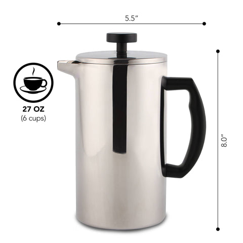 French Press Coffee Maker, 34 oz (0.8L), Double-Wall Stainless Steel - Kaffe
