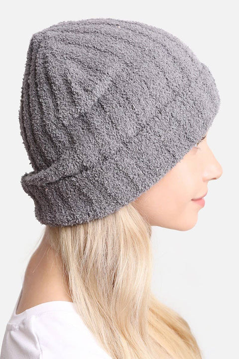 Beige Winter Solid Color Ribbed Cuff Beanie Hat: One Size - Fashion City