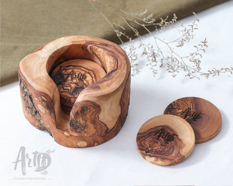 Olive Wood Coaster Set of 6 with Holder - ArtisRaw