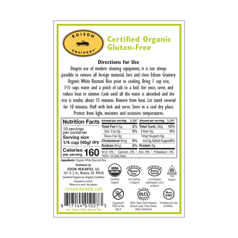 Organic White Basmati Rice, 16oz - Edison Grainery