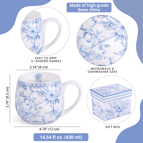 Blue Flowers Bone China Big Belly Mug, 14.54 fl oz, in Gift Box