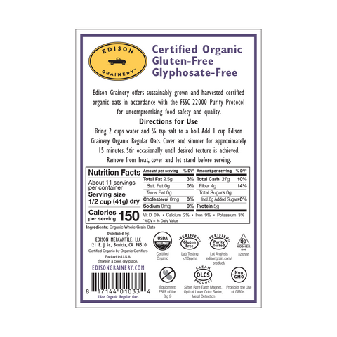 Organic Regular Rolled Oats, 16 oz - Edison Grainery